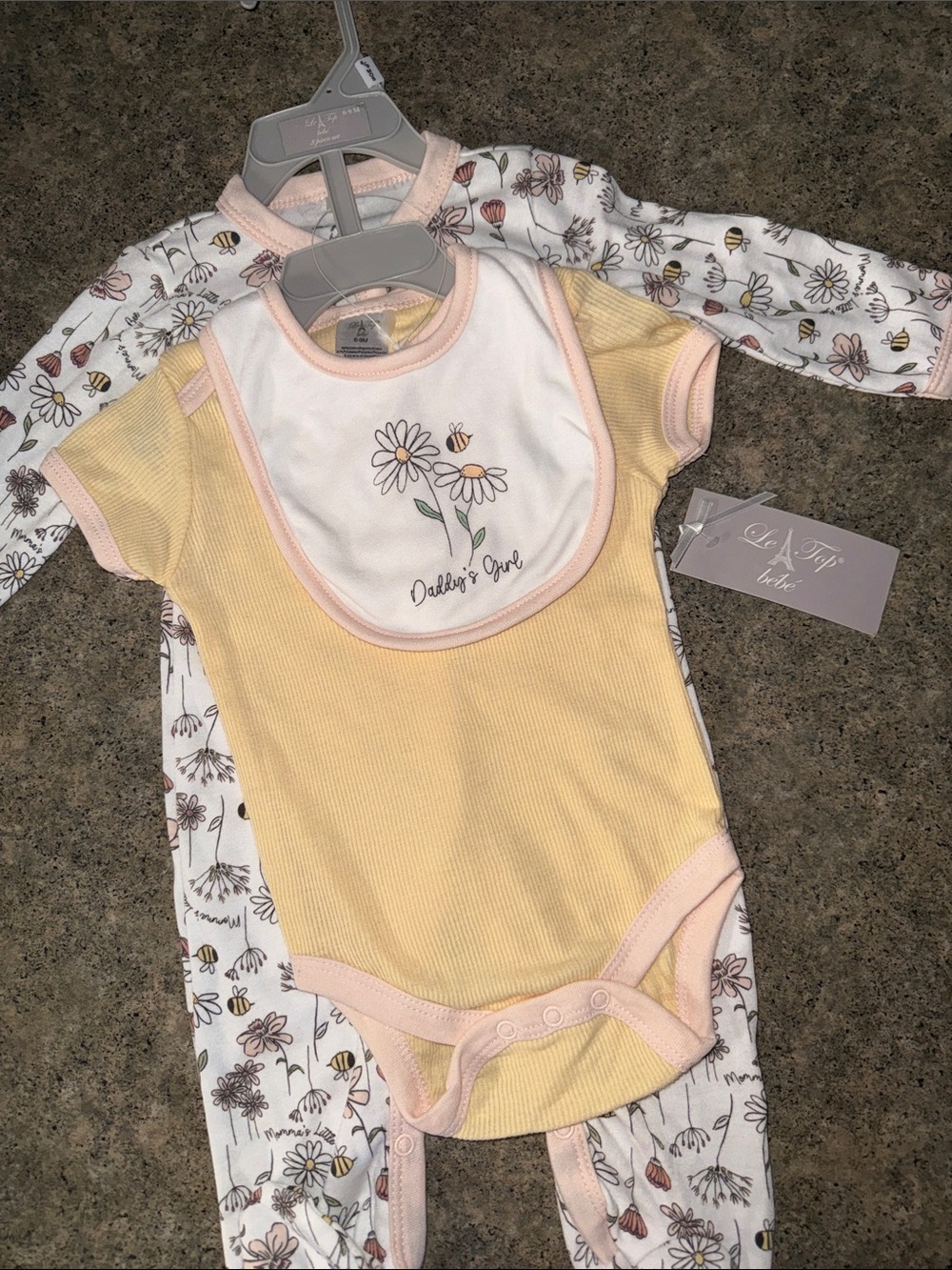 Le Top Yellow & Pink Floral-Trim Baby One-Piece Set with Bib
